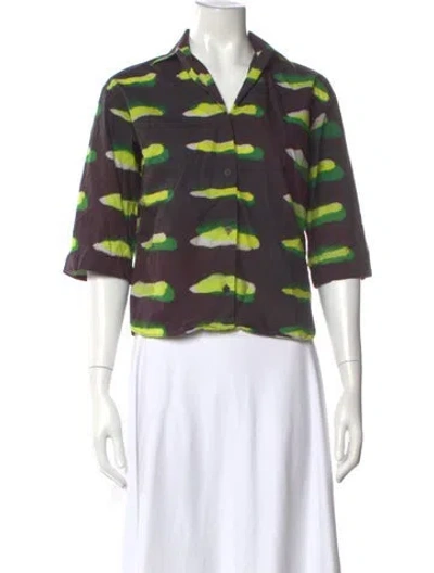 Pre-owned Dries Van Noten Printed Three-quarter Sleeve Button-up Top In Green