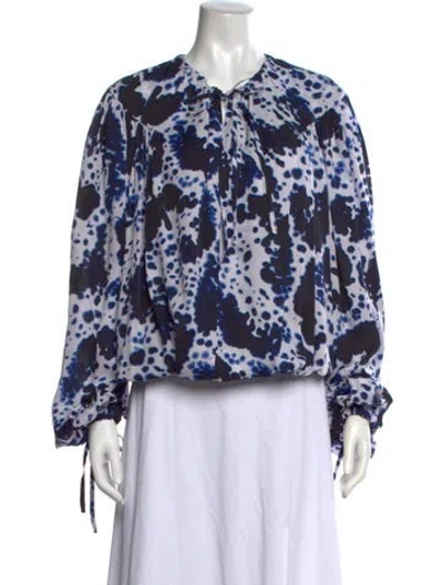 Pre-owned Dries Van Noten Printed Tie Neck Blouse In Blue