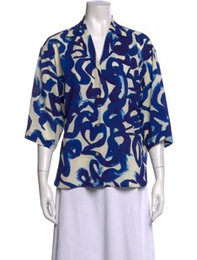 Pre-owned Dries Van Noten Printed V-neck Blouse In Blue
