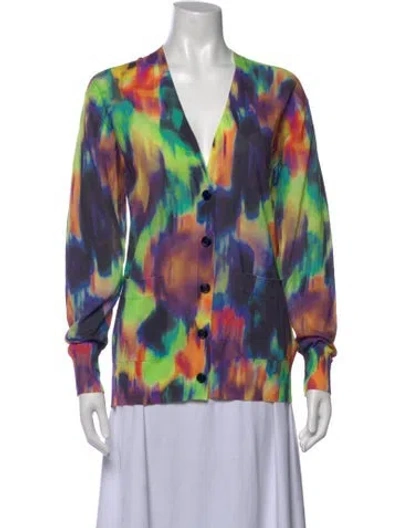 Pre-owned Dries Van Noten Printed V-neck Button-up Top In Green