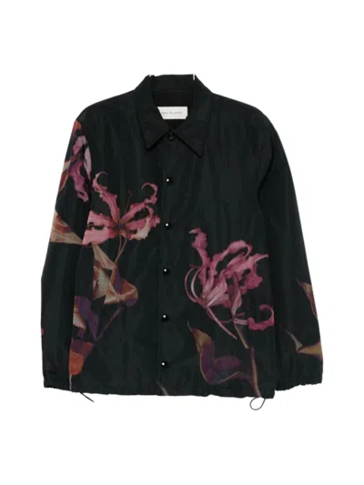 Dries Van Noten Printed Vorries Abstract Floral Bomber Jacket In Black