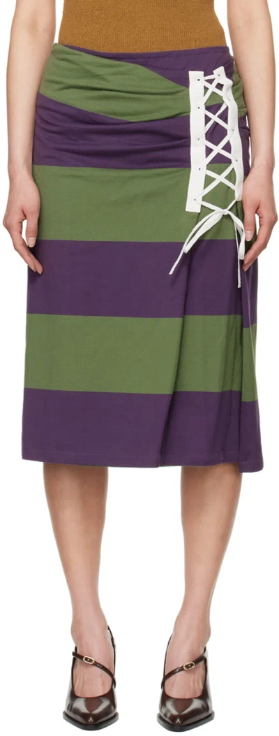 Dries Van Noten Purple & Green Striped Midi Skirt In 402 Dark Purple