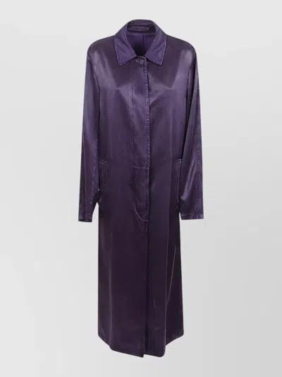 Dries Van Noten Long Relaxed Coat With Reflective Satin Finish In Purple