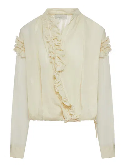 Dries Van Noten Ramie Blouse With Ruffles And Crossover Neckline In White