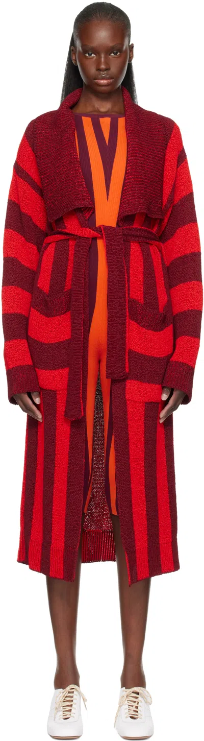 Dries Van Noten Red & Burgundy Loose Belted Cardigan In Purple