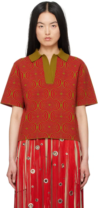 Dries Van Noten Red & Green Graphic Polo In 607 Olive