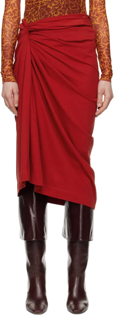 DRIES VAN NOTEN RED KNOTTED JERSEY MIDI SKIRT