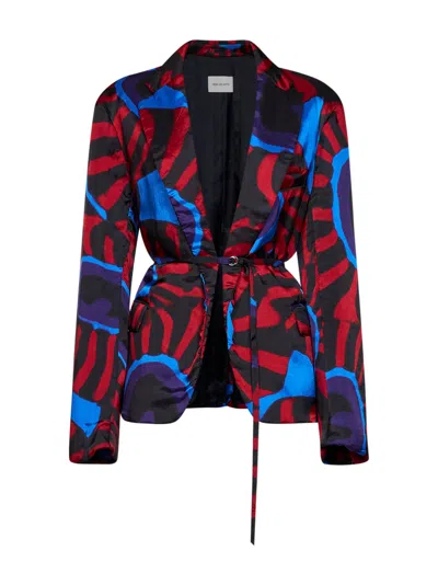 Dries Van Noten Red Marbled Clay-print Twill Blursy Belted Blazer In Black