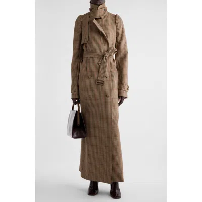 Dries Van Noten Remis Check Wool Long Trench Coat In Brown