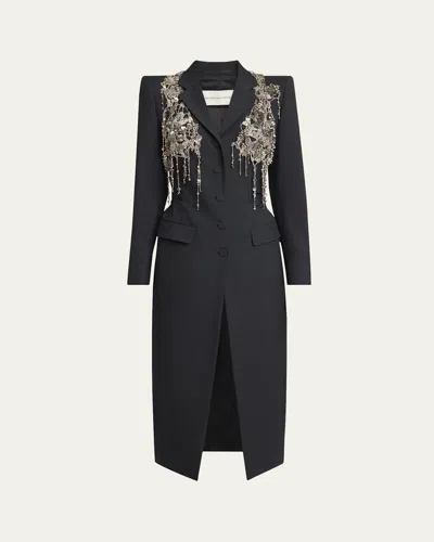 Dries Van Noten Fringed Embellished Wool And Mohair-blend Twill Coat In Black