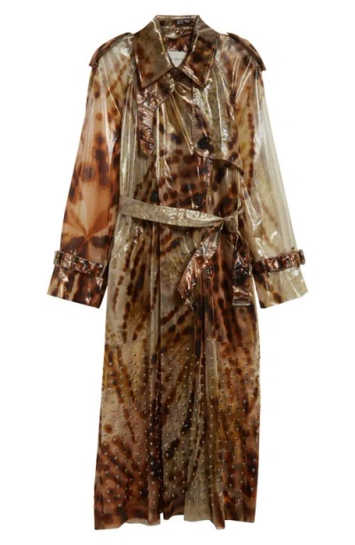 Dries Van Noten Risto Orchid Print Studded Sheer Trench Coat In Brown