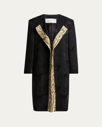 Dries Van Noten Rivkam Floral Snakeskin-trim Open Front Coat In Black