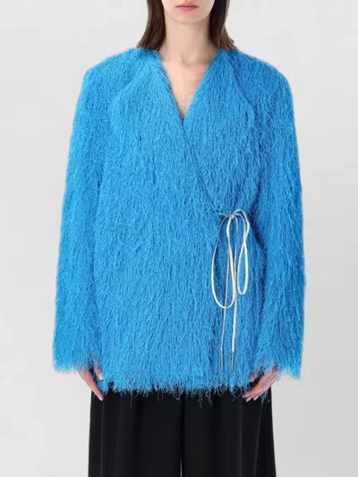 Dries Van Noten Rivla Short Wrap Coat Fringe Detail In Blue
