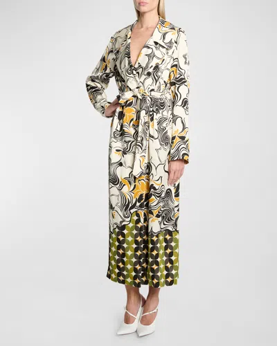 Dries Van Noten Rolana Abstract Print Belted Trench Coat In Ecru