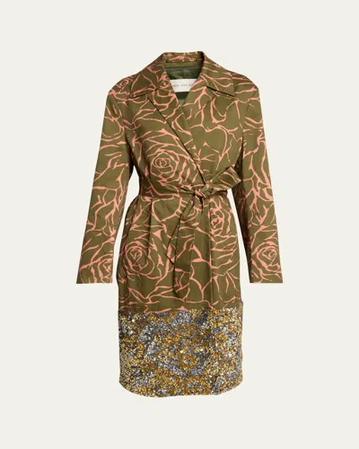 Dries Van Noten Roltas Sequined Rose-print Wrap Trench Coat In Brown