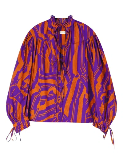 Dries Van Noten Loose Shirt With Ruffle Details And Crushed Stripe Print Women In Orange