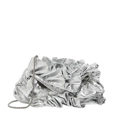 Dries Van Noten Ruffled Crinkled Metallic Leather Clutch In Gray