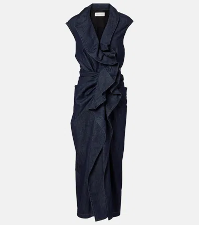 Dries Van Noten Ruffle Detailed Midi Denim Dress In Blue
