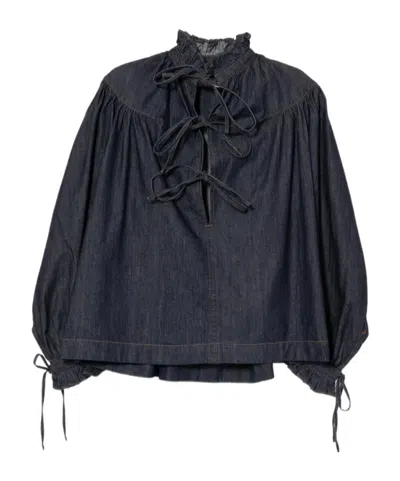 Dries Van Noten Ruffled Denim Shirt In Animal Print