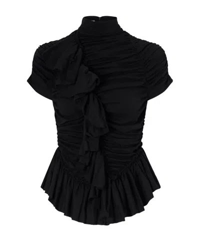 Dries Van Noten Ruffled Draped Cotton-jersey Turtleneck Top In Purple