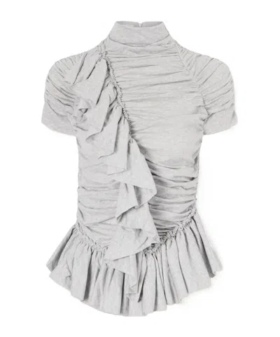 Dries Van Noten Ruffled Draped Cotton-jersey Turtleneck Top In White