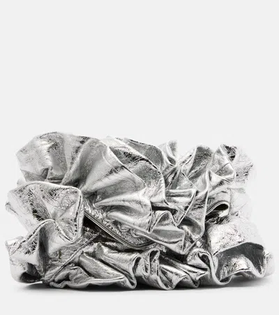 Dries Van Noten Ruffled Metallic Leather Clutch In Silver