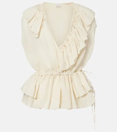 Dries Van Noten Sleeveless Top Elastic Waist Ruffled Neckline In White