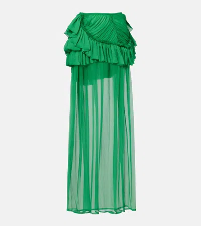 Dries Van Noten Ruffled Silk Muslin Maxi Skirt In Green
