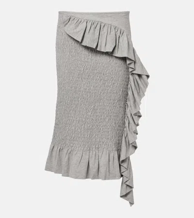 Dries Van Noten Ruffled Smocked Cotton Midi Skirt In Gray