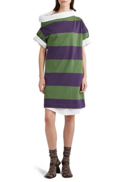 Dries Van Noten Rugby Stripe Asymmetric Short Sleeve Sweatshirt Dress In 402 Dark Purple