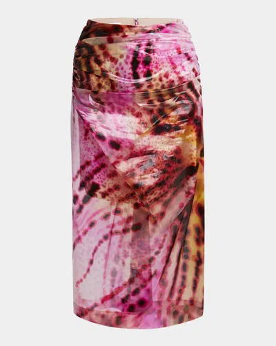 Dries Van Noten Womens Fuchsia Flower-print Ruched Woven-blend Midi Skirt