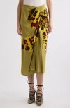 Dries Van Noten Gathered Printed Wrap-effect Satin Midi Skirt In Ocra