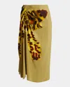 Dries Van Noten Gathered Printed Wrap-effect Satin Midi Skirt In Ocra