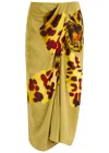 Dries Van Noten Gathered Printed Wrap-effect Satin Midi Skirt In Green