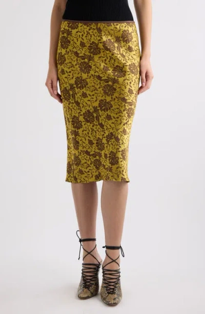 Dries Van Noten Sati Floral Satin Midi Skirt In Ocra