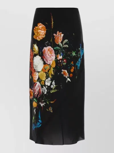 Dries Van Noten Satin Skirt Floral Print Midi Length Slit In Black