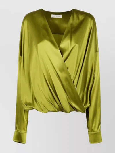 DRIES VAN NOTEN SATIN V NECK LONG SLEEVE DRAPED TOP