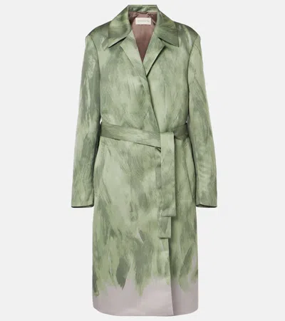 Dries Van Noten Satin Wrap Coat In Green
