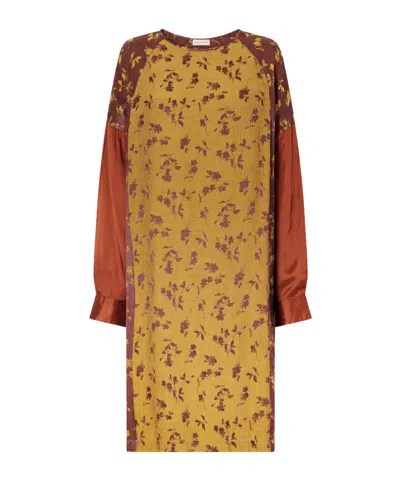 Dries Van Noten Satin-trimmed Floral-jacquard Midi Dress In Yellow