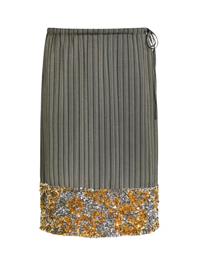 Dries Van Noten Scotts Embellished Twill Knee-length Skirt In Gray