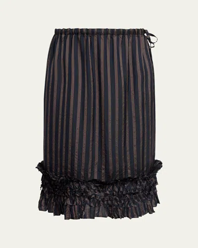 Dries Van Noten Scotts Striped Ruffle Satin Midi Skirt In Brown