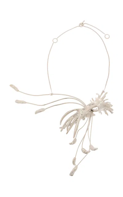 Dries Van Noten Sculptural Flower Pendant Necklace In Silver
