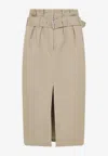 Dries Van Noten Belted Pleated Cotton Midi Skirt In Beige