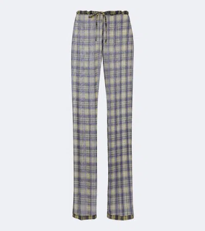Dries Van Noten Semi-sheer Checked Wide-leg Pants In Green