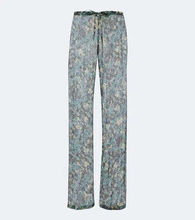 Dries Van Noten Semi-sheer Floral Wide-leg Pants In Blue