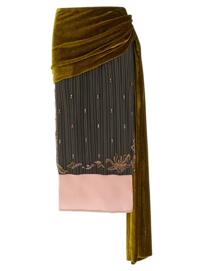 Dries Van Noten Asymmetric Silk And Velvet Wrap Skirt In Multi