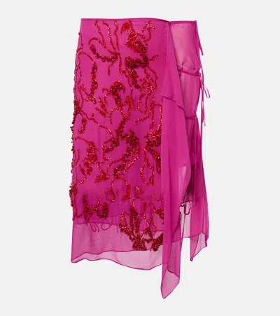 Dries Van Noten Sequined Draped Chiffon Midi Skirt In Pink