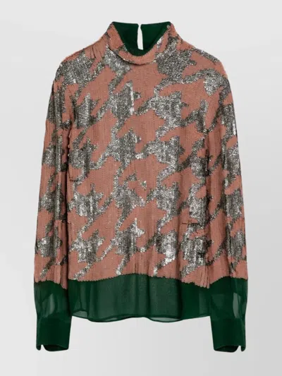 Dries Van Noten Sequined High Neck Blouse With Sheer Fabric In Pink