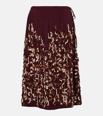 Dries Van Noten Sequined Silk Midi Skirt In Burgundy