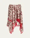 Dries Van Noten Shake Printed Lace-trim Handkerchief Silk Skirt In Burgundy